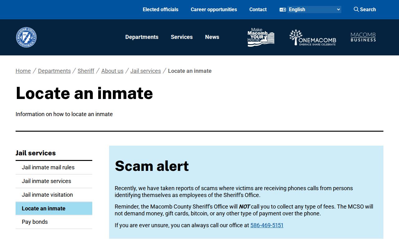 Macomb County Sheriff Locate an Inmate page linking to JailTracker