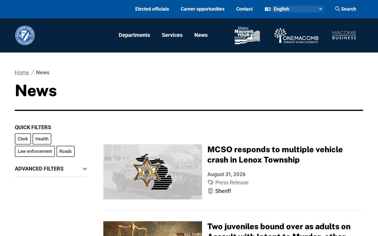 Macomb County Sheriff official selected news and arrest announcements