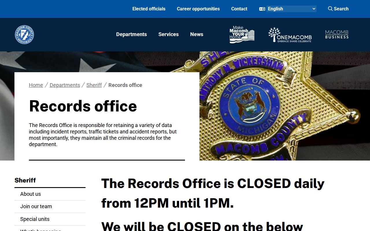 Macomb County Sheriff Records Office and FOIA information