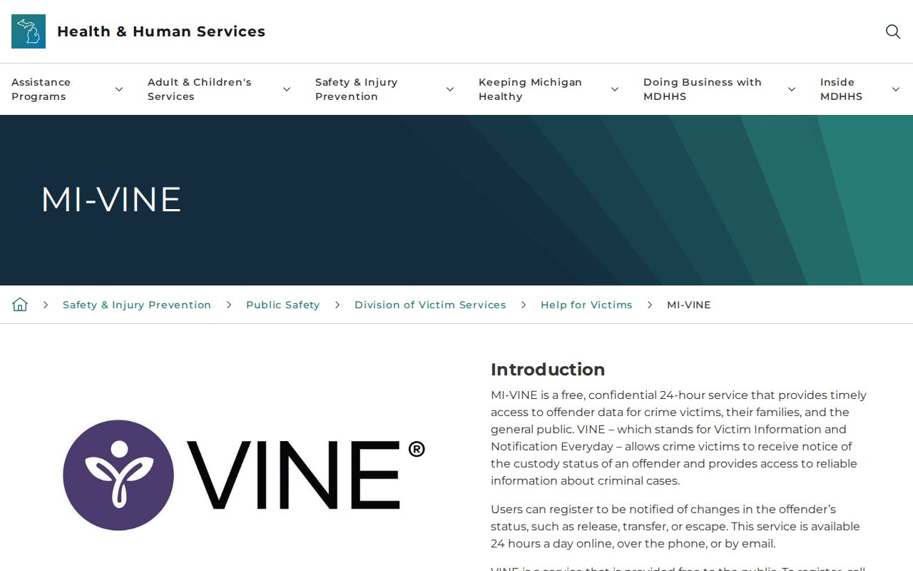 Official Michigan MI-VINE information and registration page