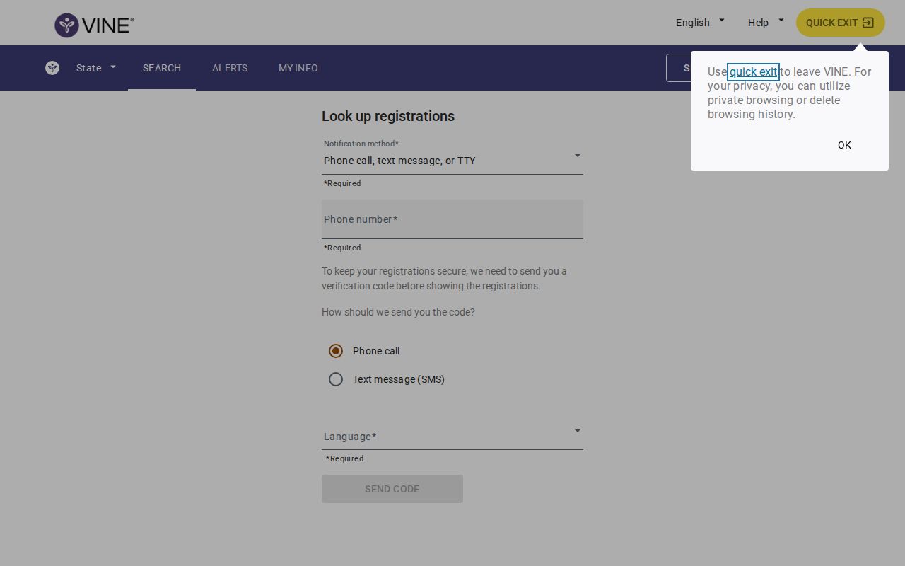 VINELink alert registration screen with delivery options