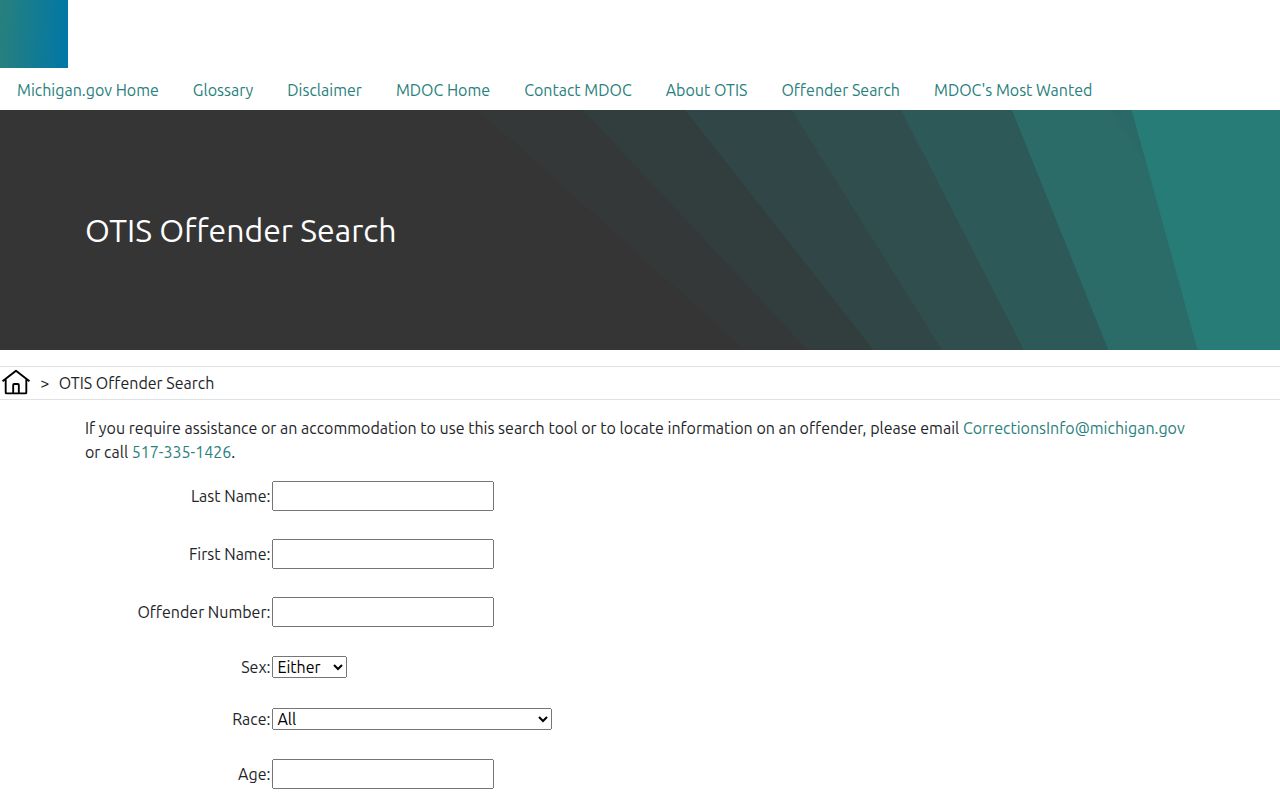 Michigan Department of Corrections OTIS search form