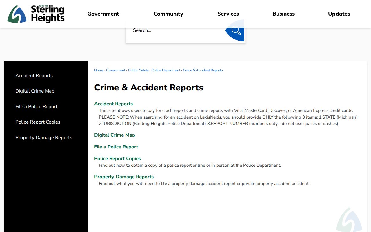 Sterling Heights crime and accident report copy instructions